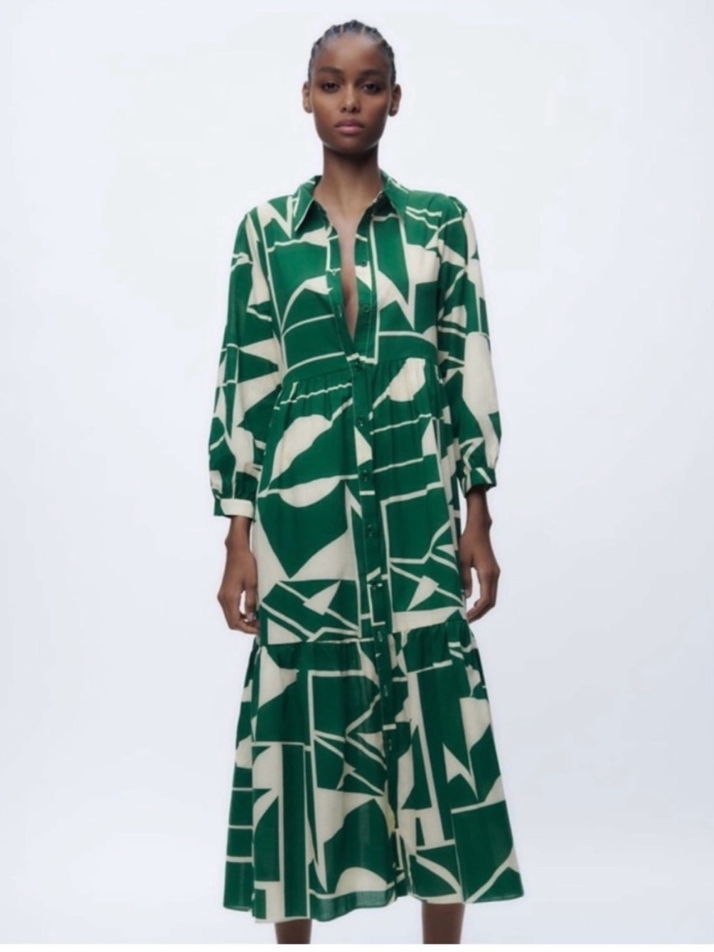 ZARA 100% Cotton Print Geometric Maxi Dress Button Up